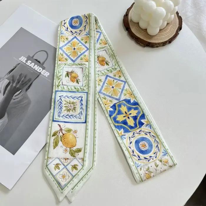 Foulard en ruban de soie satiné polyvalent, tendance, Long, fin, frais, Floral, cravate pour cheveux, accessoire de mode étroit pour femmes