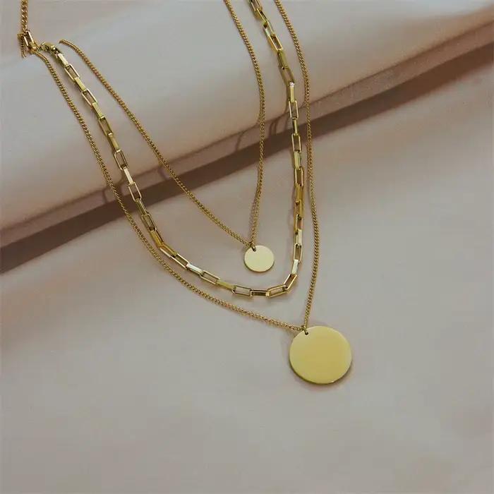 DIEYURO 316L acier inoxydable couleur or 3in1 pendentif rond collier pour femmes mode filles multicouche chaîne cou bijoux cadeau