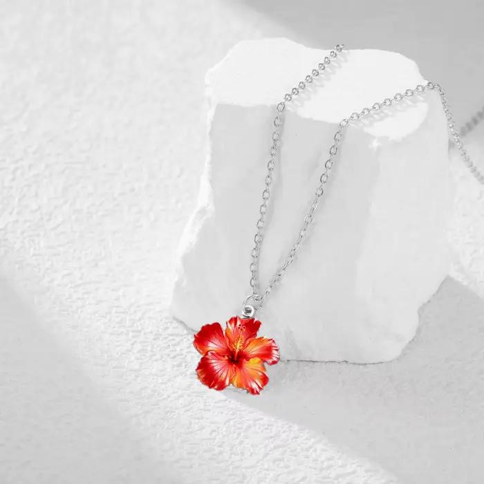 Collier Fleur d'Hibiscus Rouge en Acier Inoxydable Plaqué Or, Colliers Fleur d'Hibiscus Rose pour Femme, Cadeau Bijou