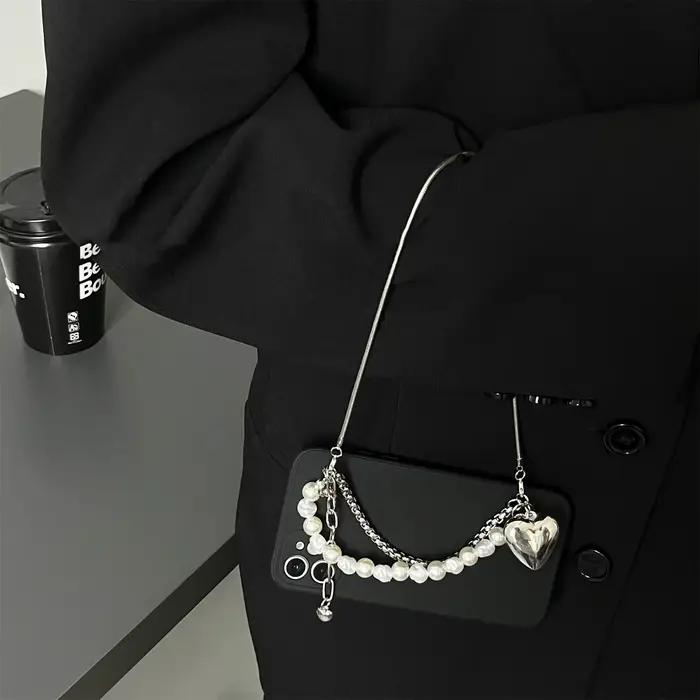 Collier avec lanière à bandoulière coréenne, sangle d'épaule argentée, étui de téléphone noir pour iPhone 17 16 15 14 13 12 Pro Max, couverture avec chaîne