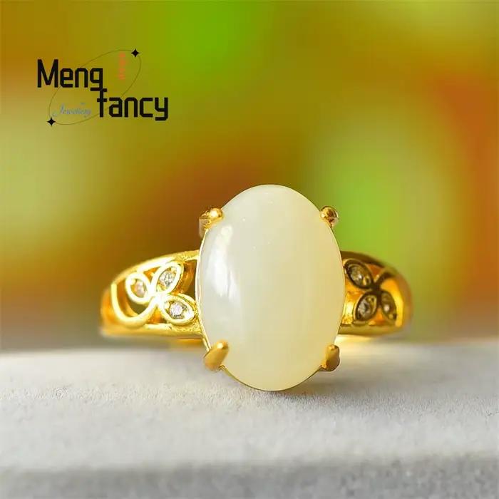 Bague en cuivre incrusté de jade blanc Hetian naturel, forme œuf de pigeon, bijoux de mode exquis, cadeaux populaires pour jeunes filles et couples, idéal pour les fêtes.