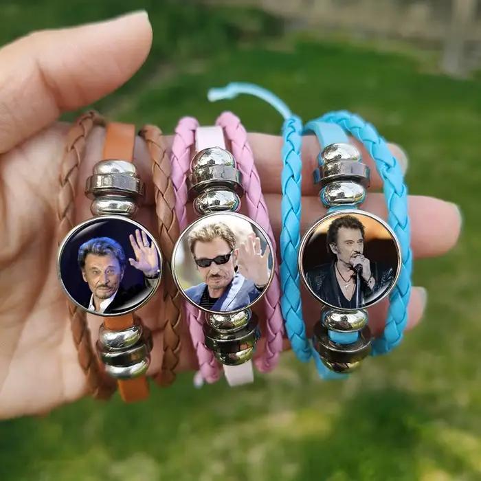 Bracelet Johnny Hallyday NouLité 2024 pour Homme, Affiche Rock Star, Bouton Verre, Rose, Bleu, Noir, Bracelets GérJewelry