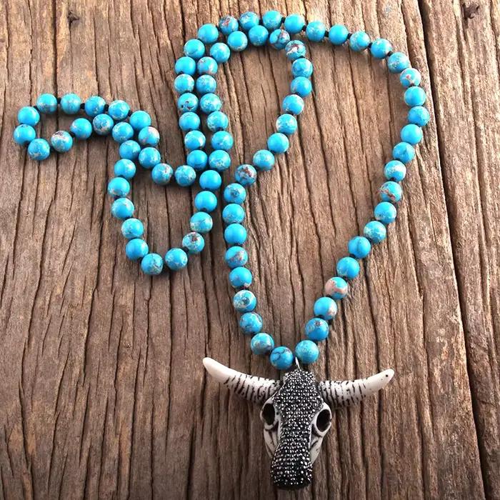 RH Fashion – collier avec pendentif en forme de tête de taureau, bijoux style Boho, Long et noué en pierres, livraison directe