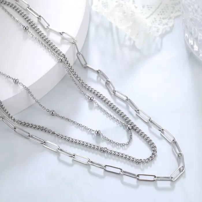 Collier à trois couches en acier inoxydable pour hommes et femmes, hip hop, collier cubain, tour de cou en perles simples, bijoux pour cadeau de fête