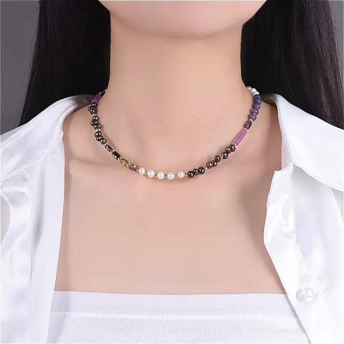 Nouveau Collier Ras-du-Cou en Perles de Pierre Naturelle, Style Rétro Simple et Élégant, Chaîne de Pull Unisexe de Haute Qualité, Bijou de Cou, Cadeaux de Fête
