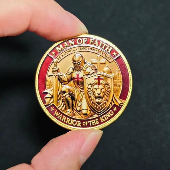 Pièce de défi Chevalier Templier Homme de Foi Guerrier du Roi Plaqué Or Religieux Chrétien Médaille de Collection Cadeau
