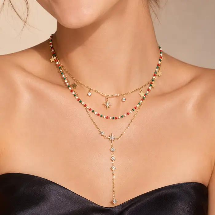 Collier Zircon North Star Y avec perles émaillées empilables, en acier inoxydable 316L plaqué or 18 carats, pour femme, ensemble de bijoux