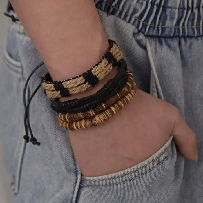 4 pièces/ensemble tressé Wrap Bracelets en cuir pour hommes Vintage arbre de vie gouvernail charme perles de bois ethnique Tribal Bracelet corde Bracelet