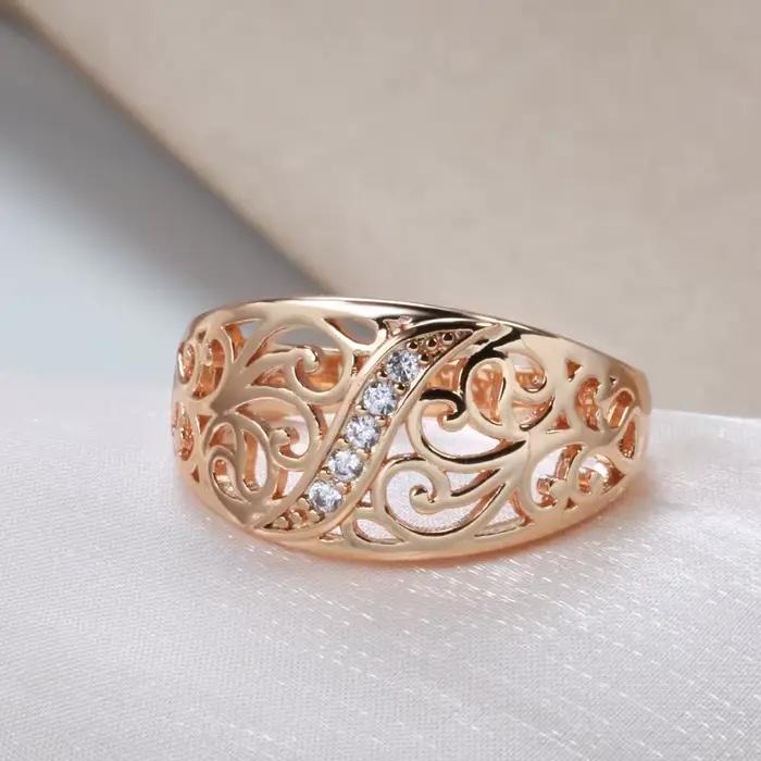 Kinel – bague tendance 2022 en or Rose, Micro incrustation de cire naturelle en Zircon, anneau creux à fleurs pour femmes, bijoux de mariage Vintage, 585