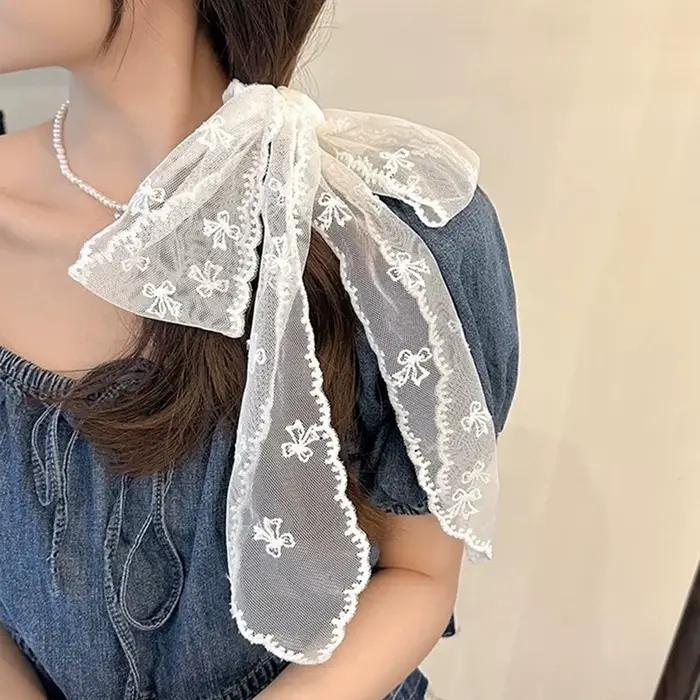 Ruban flottant en dentelle blanche avec nœud papillon, écharpe, corde à cheveux multifonctionnelle, cravate pour cheveux, ruban Vintage français, accessoire pour cheveux élégant, 1 pièce