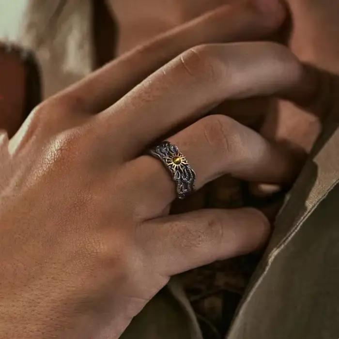 Bague de soleil dorée rétro pour hommes, couleur argent, Punk gothique, tendance, ouverte, bijoux de styliste faits à la main, accessoires unisexes, cadeau pour amoureux