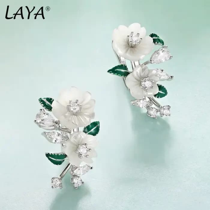 Laya boucles d'oreilles pour femmes haute qualité Zircon coquille naturelle fleur feuille verte émail 925 en argent Sterling mode bijoux modernes