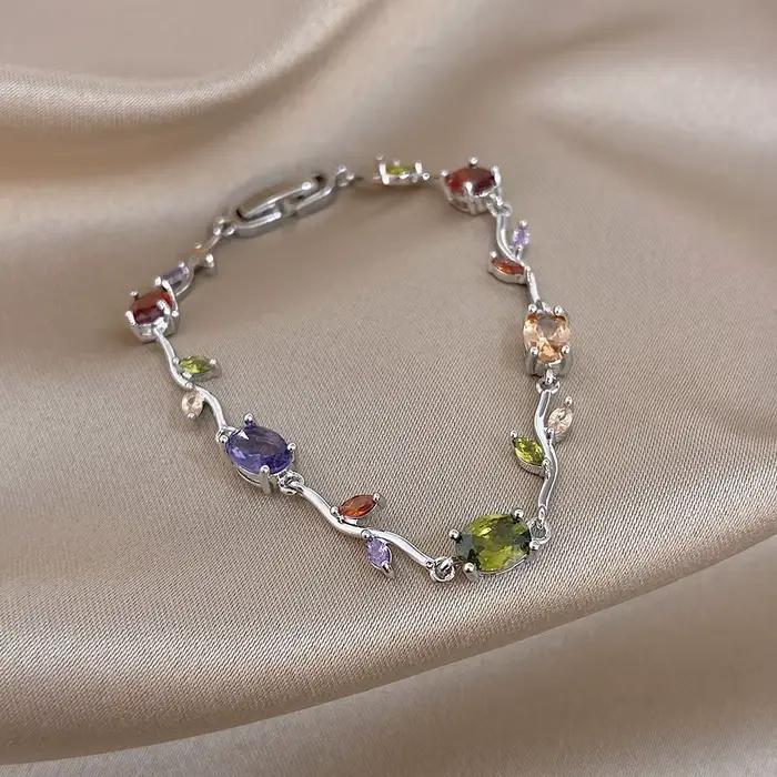 Greatera Bracelet en Zirconium cinq couleurs Rose étamines multicolore feuille pétale femmes léger luxe en acier inoxydable chaîne Fine Bracelet