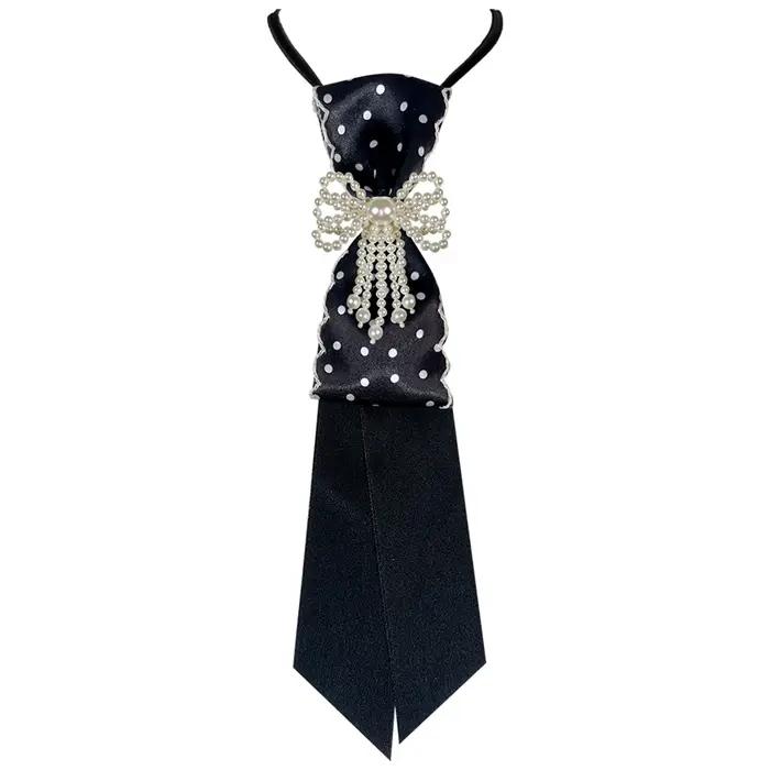 Nouvelle Élégante Nœud Papillon Noir Orné de Perles pour Femme, en Tissu Couleur Unie, Accessoire de Mode Bijou pour Chemise