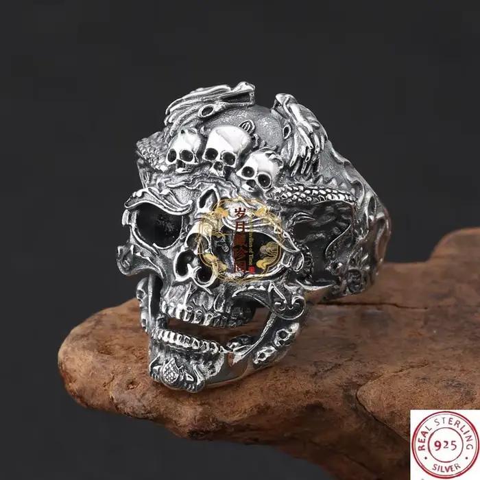 Bague Crâne Dominante Exagérée en Argent Thaïlandais Rétro, Style Punk Rock, Accessoires de Fête pour Motards, Excellents Cadeaux pour Amis Hommes