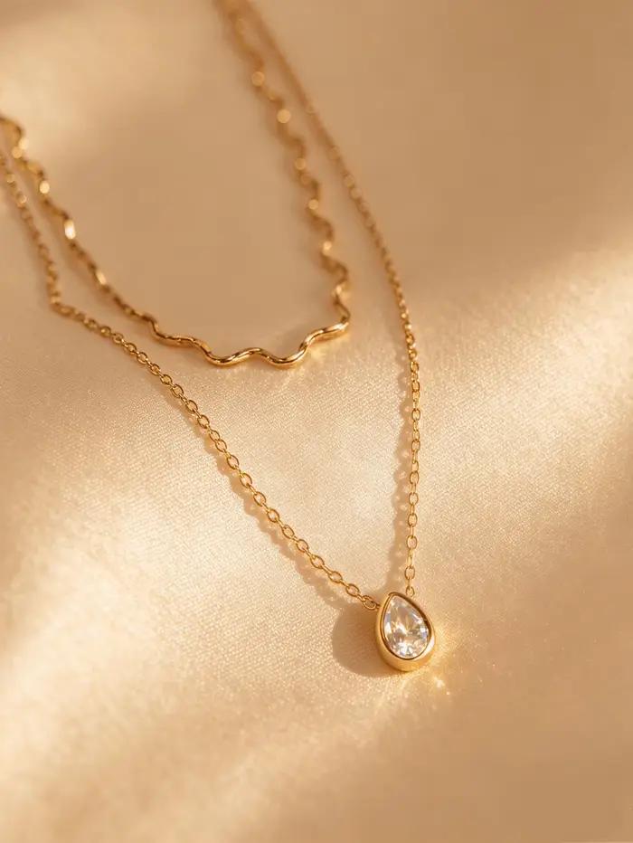 Collier double couche goutte d'eau en zircon, élégant, pour femme, en acier inoxydable plaqué or 18 carats