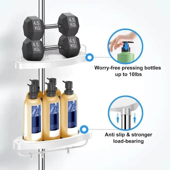 Barre de douche réglable sans perçage en acier inoxydable avec porte-serviettes, organisateur plafond-sol et étagère d'angle pour salle de bain