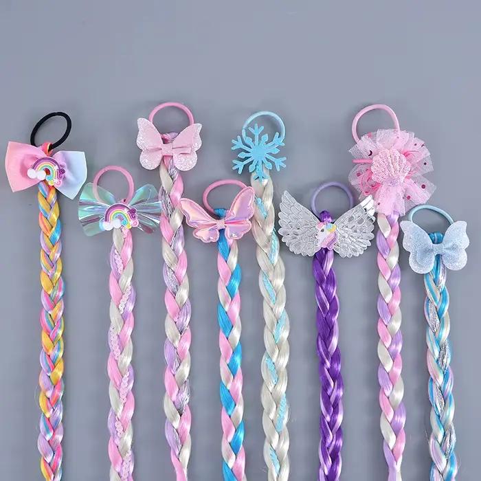 Littler filles longue tresse cheveux Rose enfants arc-en-ciel perruque cravate enfants sirène coiffe de tête princesse filles Elsa Cosplay accessoires ZX07
