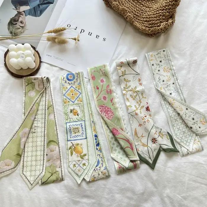 Écharpe en ruban de soie satiné polyvalente, tendance, florale fraîche, longue et fine, cravate pour cheveux, sangle de sac étroite pour femmes
