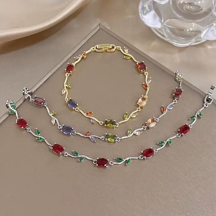 Greatera Bracelet en Zirconium cinq couleurs Rose étamines multicolore feuille pétale femmes léger luxe en acier inoxydable chaîne Fine Bracelet