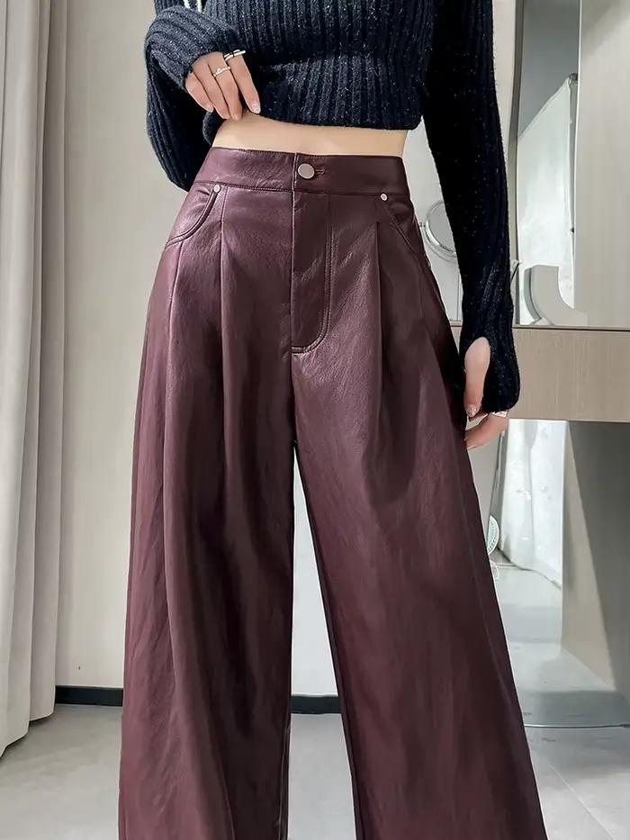 Pantalon en similicuir PU pour femme, jambe droite taille haute avec poches, jambe large, pantalon décontracté, automne, hiver, fjK, Y2K