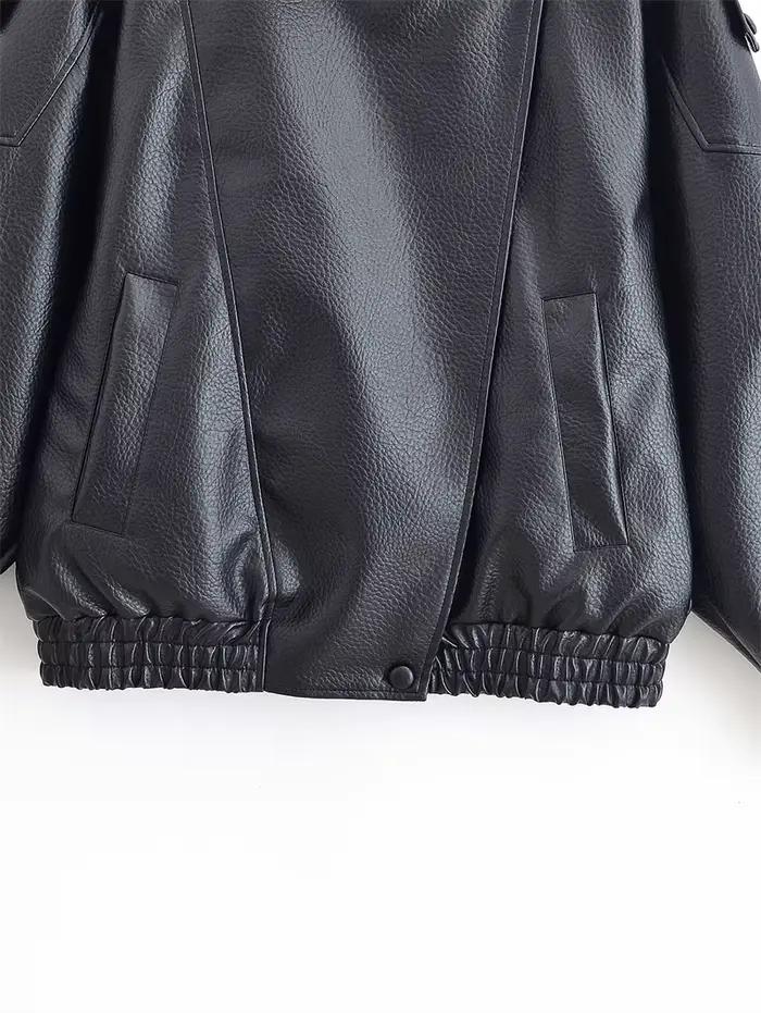Veste Femme Automne 2026 Nouvelle Collection Noire à Manches Longues en Similicuir Grainé Style Motard Tendance et Personnalisée