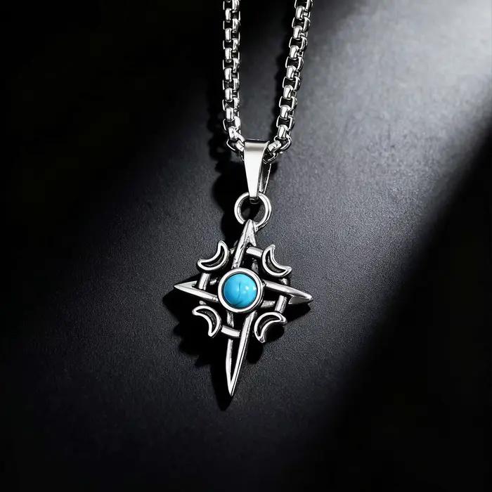 Collier pendentif géométrique en pierre naturelle Turquoise pour hommes, breloque étoile de lune en acier inoxydable, étanche, bijoux à la mode, cadeau