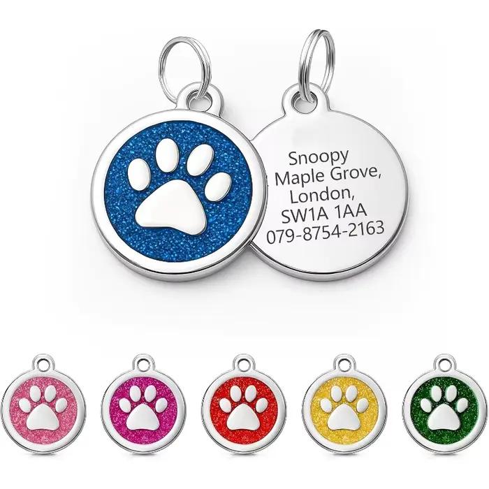 Étiquettes personnalisées gratuites pour chiens et chats, gravées, pour collier, avec nom d'identification, en alliage, pendentif patte scintillante, accessoires pour animaux de compagnie