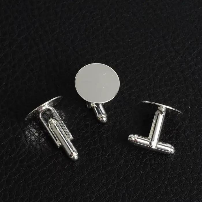 Boutons de manchette ronds en métal plaqué argent, 50 pièces/lot, 16mm, à la mode, cadeau, couleur argent vierge