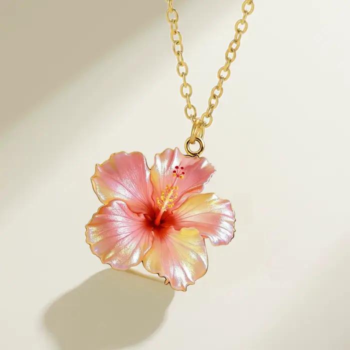 Collier Fleur d'Hibiscus Rouge en Acier Inoxydable Plaqué Or, Colliers Fleur d'Hibiscus Rose pour Femme, Cadeau Bijou