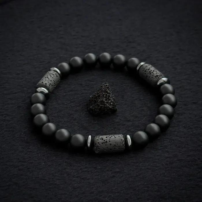 Bracelet en pierre noire mate, Bracelet en pierre cylindrique, Bracelet pour hommes, Bracelet pour femmes, cadeau pour homme/chambre/père, 1 pièce