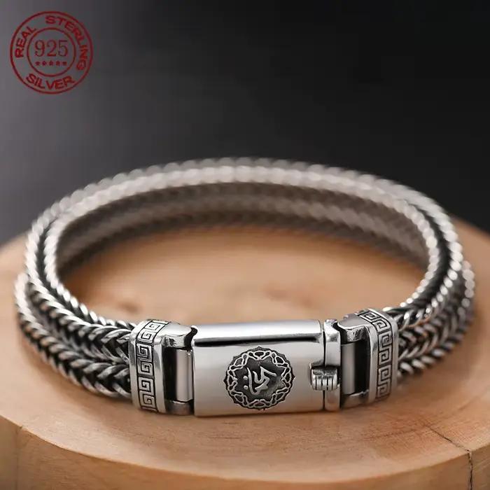 Prix d'usine, bracelet lourd en argent massif S925 100% véritable, tissé à la main, bracelet rétro pour homme, bijoux vintage personnalisés