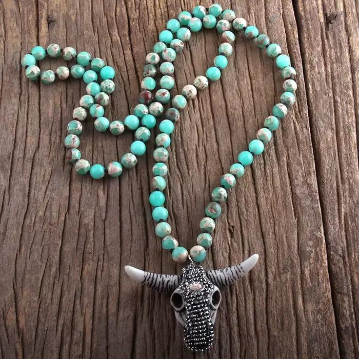 RH Fashion – collier avec pendentif en forme de tête de taureau, bijoux style Boho, Long et noué en pierres, livraison directe