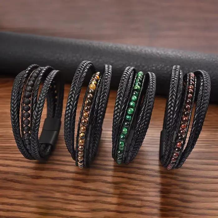 Bracelet en cuir multicouches pour hommes, perles en pierre naturelle, bijoux Punk en acier inoxydable, fermoir magnétique, cadeau