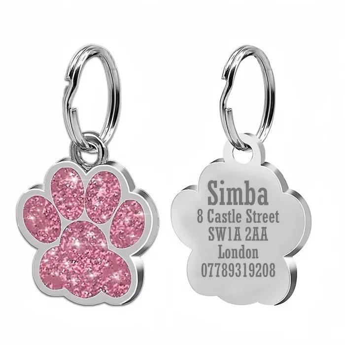 Étiquettes de plaque personnalisées gratuites pour chien et chat, nom d'identification pour chiot gravé, pendentif patte en alliage à paillettes, accessoires pour animaux de compagnie et chiens