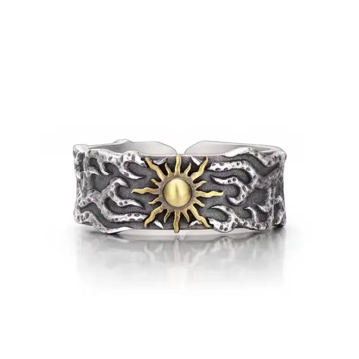 Bague de soleil dorée rétro pour hommes, couleur argent, Punk gothique, tendance, ouverte, bijoux de styliste faits à la main, accessoires unisexes, cadeau pour amoureux
