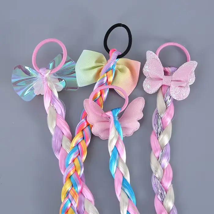 Littler filles longue tresse cheveux Rose enfants arc-en-ciel perruque cravate enfants sirène coiffe de tête princesse filles Elsa Cosplay accessoires ZX07