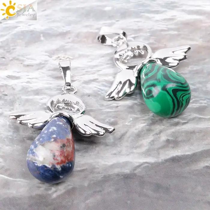 Ange Ailes Pendentif En Pierre Naturelle pour Collier Quartz Rose Onyx Argent-couleur Goutte D'eau Pendentifs Femme Bijoux Cadeau pierre naturelle pendentif pierre naturelle pierre naturelle et crista