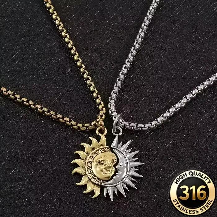 Collier asymétrique soleil et lune en acier inoxydable, collier de couple pour homme et femme, bijoux minimalistes polyvalents