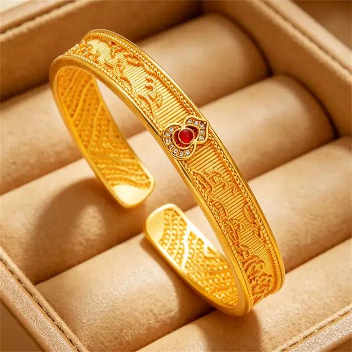 Bracelet manchette ouvert en or massif 24K AU999, motif nuage filigrané Ruyi, avec gemme rouge, unisexe, vintage, pour homme, femme, couple, bijou porte-bonheur, cadeau de mariage