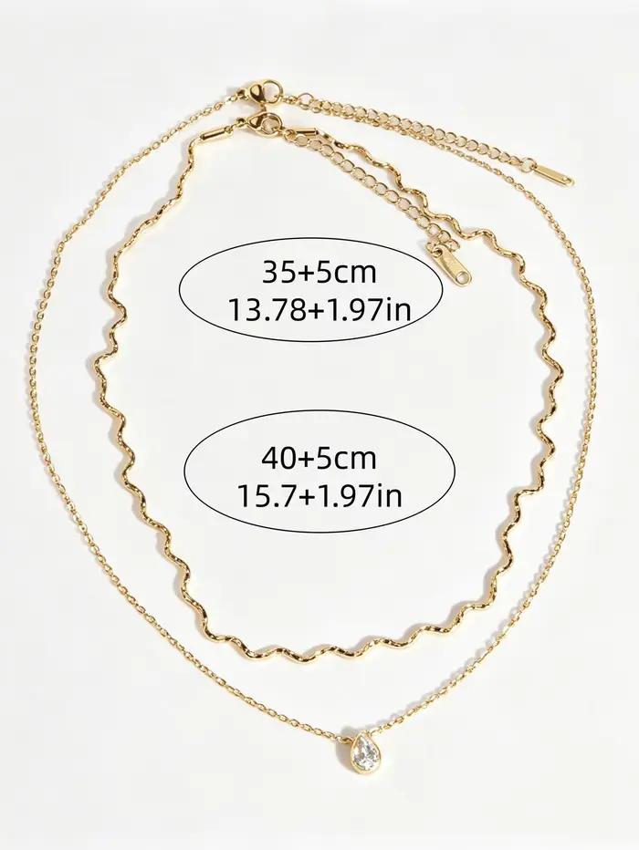 Collier double couche goutte d'eau en zircon, élégant, pour femme, en acier inoxydable plaqué or 18 carats