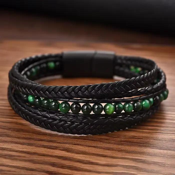Bracelet en cuir multicouches pour hommes, perles en pierre naturelle, bijoux Punk en acier inoxydable, fermoir magnétique, cadeau
