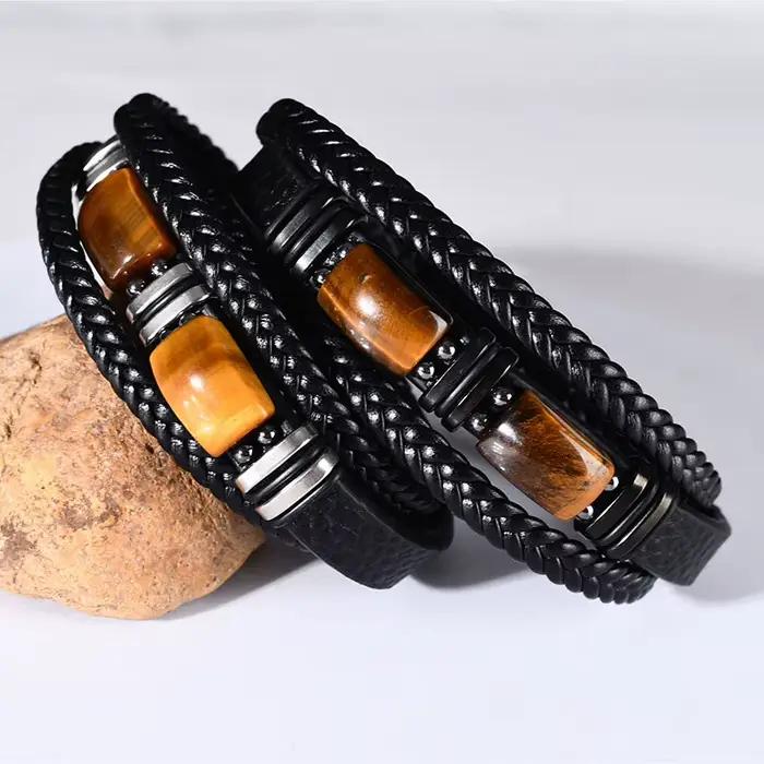 Bracelet en pierre œil de tigre avec boucle magnétique, bijoux pour hommes européens et américains, bracelet rétro pour hommes, bracelet en cuir