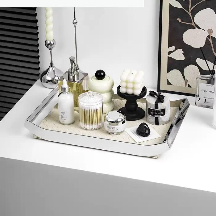 Plateau en métal, plateau en cuir, plateaux arqués en acier inoxydable argenté, plateaux de rangement en cuir tressé, plat de rangement pour bijoux, plat à bibelots