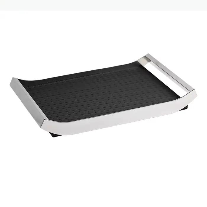 Plateau en métal, plateau en cuir, plateaux arqués en acier inoxydable argenté, plateaux de rangement en cuir tressé, plat de rangement pour bijoux, plat à bibelots