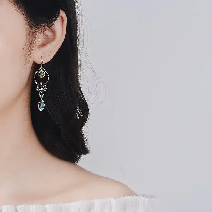 JoiasHome-Boucles d'Oreilles sulfTurquoise Incrustées pour Femme, Argent Sterling 925, Style Ethnique Thaïlandais, Cadeaux de Mariage Vintage