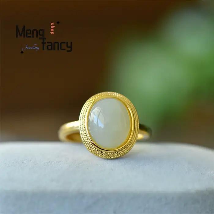 Bague en cuivre incrusté de jade blanc Hetian naturel, forme œuf de pigeon, bijoux de mode exquis, cadeaux populaires pour jeunes filles et couples, idéal pour les fêtes.