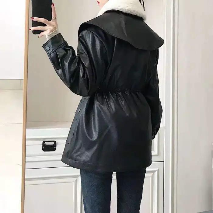 Veste en cuir noir pour femme, rétro, ample, petite taille, grande taille, polaire épaisse, veste de motard en PU, automne-hiver 2025