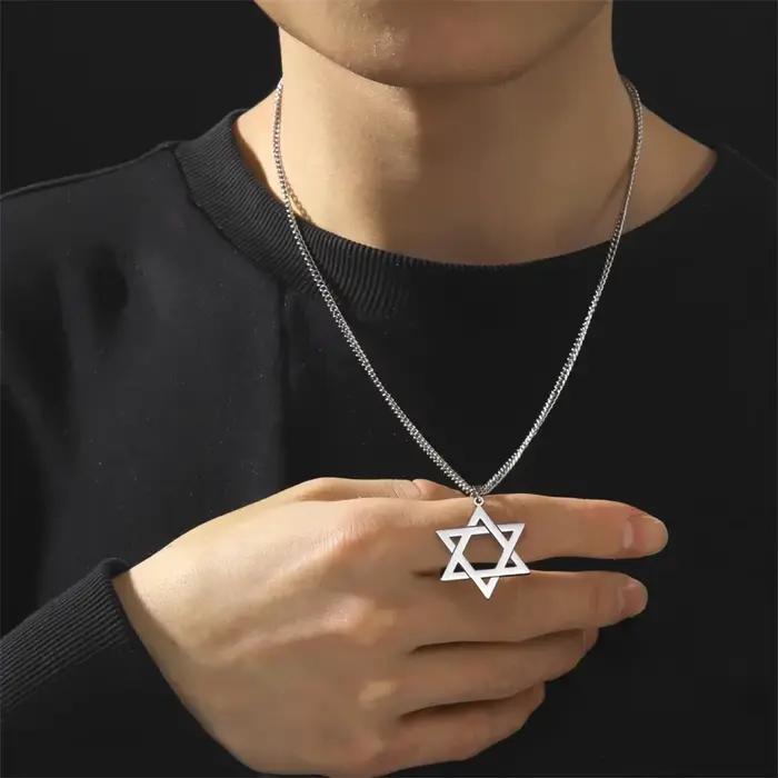 Collier pendentif étoile de David Hexagramme Skyrim pour hommes et femmes, en acier inoxydable noir, longue chaîne de cou, bijoux israéliens, judaïsme