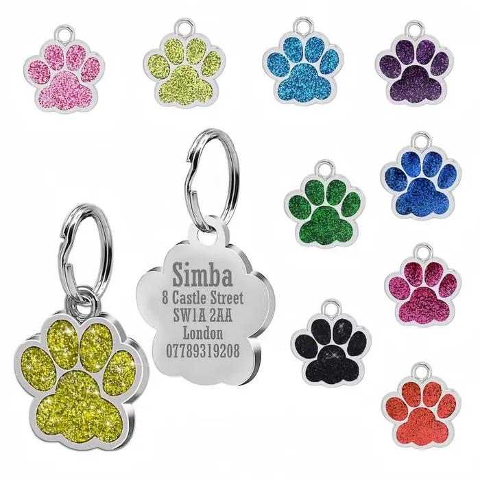 Étiquettes de plaque personnalisées gratuites pour chien et chat, nom d'identification pour chiot gravé, pendentif patte en alliage à paillettes, accessoires pour animaux de compagnie et chiens